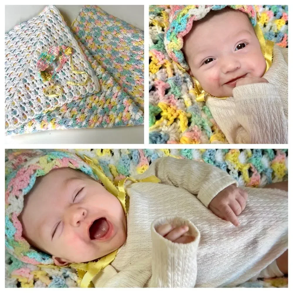 Vintage Handmade 1960s 1970s Rainbow Pastel Crochet Knit Baby Blanket & Bonnet